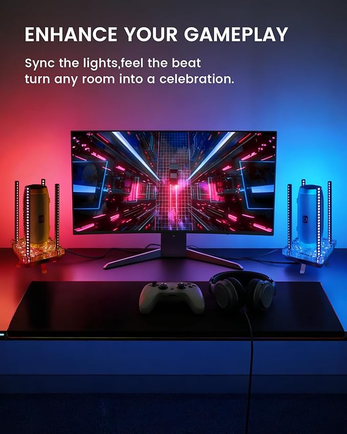 Music Sync RGB Ambient Light, App Controlled & Sound Reactive Audio Visual Lighting for Gaming Desk, Party & Desk Setup (Grey)