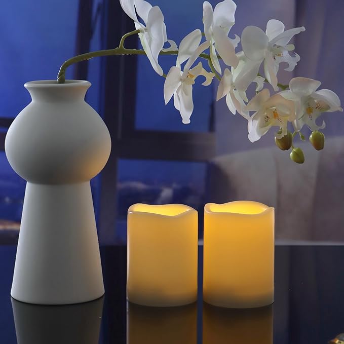 Waterproof Outdoor Battery Operated Flameless Candles with Auto Timer Flickering Plastic Resin Electric LED Pillar Lights for Lantern Patio Garden Wedding Party Decorations 3x4 Inches 6 Pack White