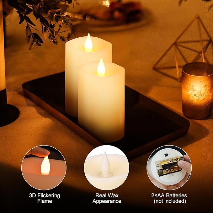3PCS, 3 x 5 inches Flameless Candle with Remote Control, 3D Flickering Wick, Real Wax, Battery Candles,with Timer,Battery Powered Candles,for Holiday Home Decor,Ivory