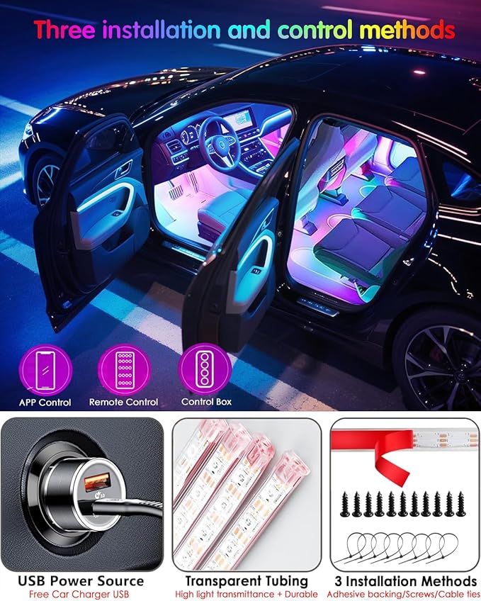 72 LED USB Interior Car Strip Lights Dream Color RGB-IC 12V DC with App RF Remote Control Multicolor Footwell Under Dash Chasing Inside Light Kits Music Sync Mode LED Lights for Cars Truck ATV UTV