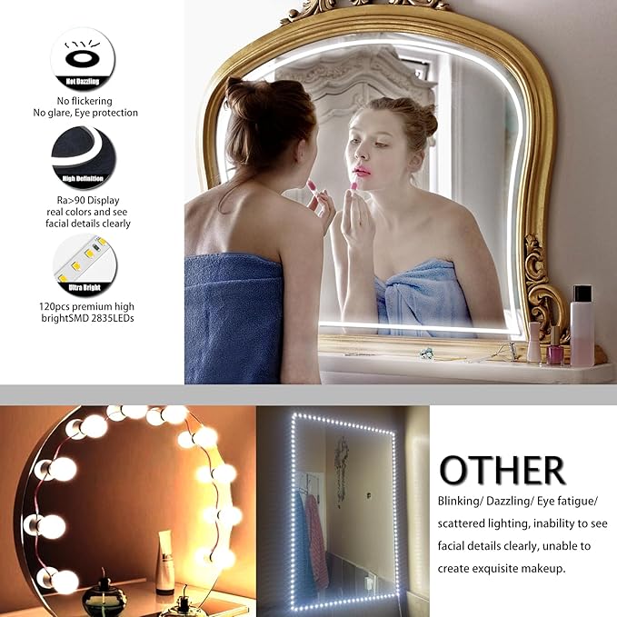 LED Vanity Mirror Lights, Hollywood Style Makeup Lighting, 10FT/6000K/Dimmable/12V Adapter/Self-Adhesive Strip Lights for Mirror, Lighting for Makeup Vanity Table & Bathroom Mirror