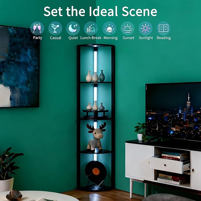 RGBCW Floor Lamp with Shelves, LED Smart Modern Floor Lamp with Music Sync, Color Changing Corner Display Shelf Lamp, Standing Lamp with Shelves for Living Room and Bedroom, Office, Black