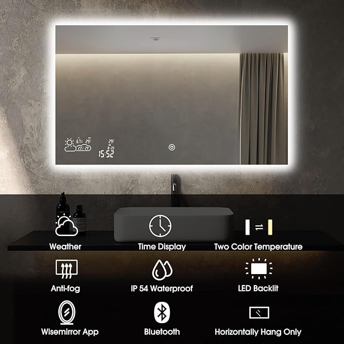 40X24 LED Bathroom Mirror with Lights, WiFi Smart Bluetooth Lighted Vanity Mirror for Bathroom with Backlit 2 Colors Dimmable Enabled Weather Display, Anti-Fog Horizontal Hang Only