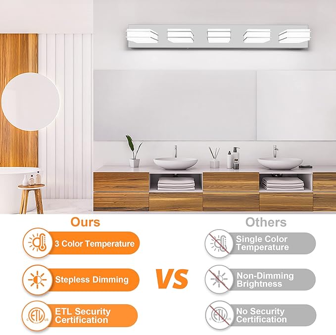3 Color Temperature Dimmable Vanity Lighting Fixtures, LED Chrome 5 Light Bathroom Vanity Light, Acrylic Stainless Steel Square Shade Vanity Lights for Bathroom, ETL Certificated