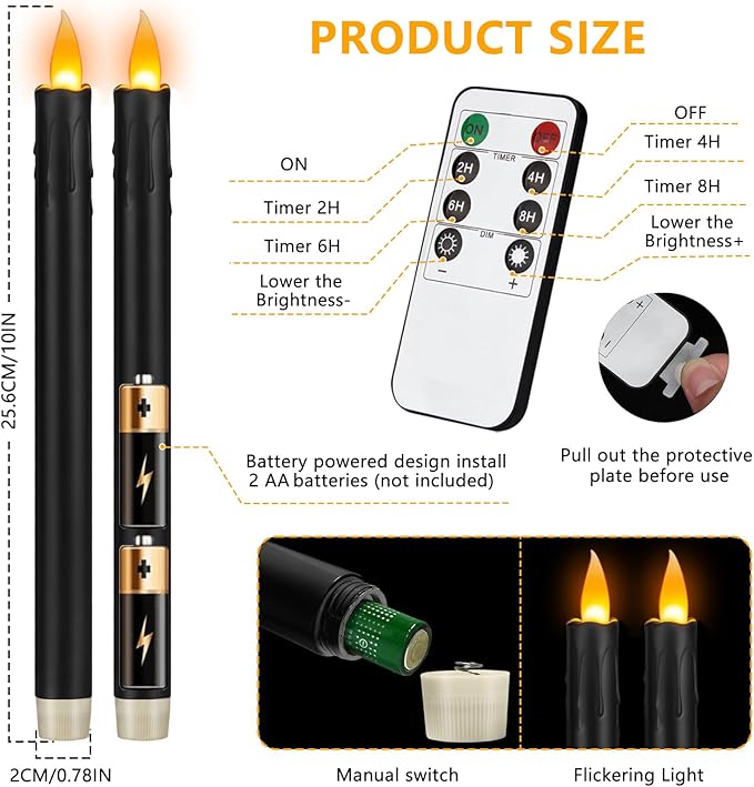 10" Flameless Taper Candles with Remote, 12 Pcs Black Electric Led candlesticks, Plastic Tall Taper Candles Battery Operated with Flickering Flame for Halloween Christmas Wedding Home Décor