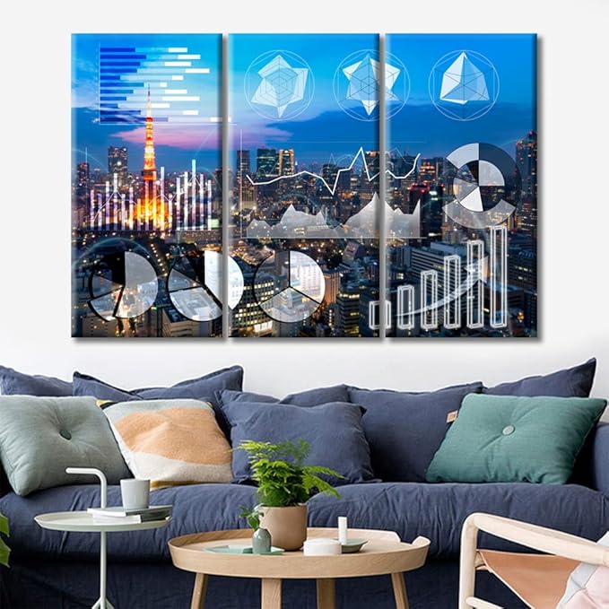 TUMOVO Wall Decor Currency Business Posters and Prints 3 Piece Cityscape at Night Background Market Charts Paintings Art Prints Wall Decor Living Room Framed Ready to Hang (36" Wx24 H)