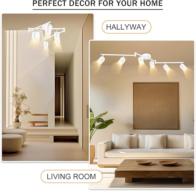 BoostArea LED 6 Light Track Lighting Kit, White 6 Way Ceiling Spot Lighting, Flexibly Rotatable Light Head for Kitchen, Living Room, Bedroom, GU10 Bulb Not Included