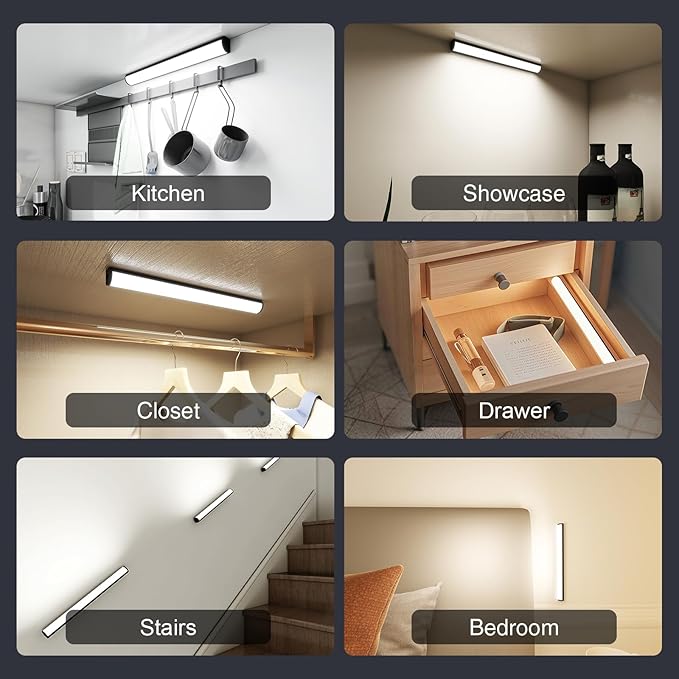 Under Cabinet Lighting Wireless with Remote,Rechargeable Battery Operated Closet Lights,3 Color Magnetic Dimmable led Strip Lights,Under Counter Lights for Kitchen,Shelf,Bedroom (Black-2PCS, 20cm)