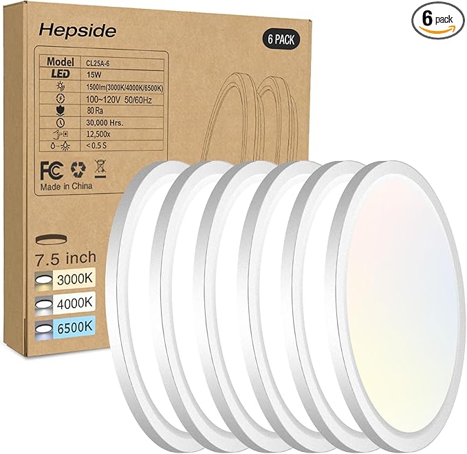 hepside 6PACK LED Flush Mount Ceiling Light, 3000K-4000K-6500K & 100W Equivalent Modern Kitchen Recessed Ceiling Lamp 15W 1500Lm 7.5 Inch for Bathroom Closet Laundry Bedroom Hallway, White