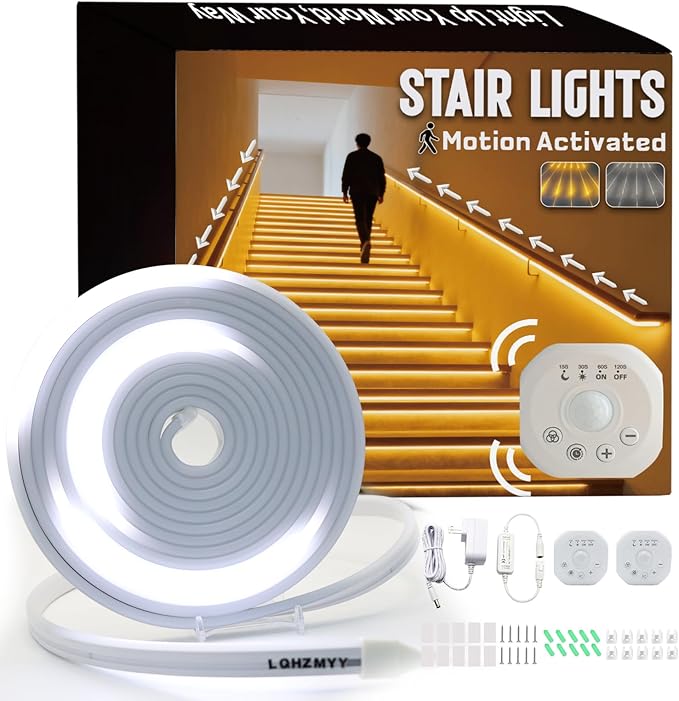 Motion Sensor LED Strip Lights - Chasing Effect Auto ON/Off for Stairs, Bedroom, Under Cabinet - 32.8ft White, Easy Peel & Stick Install