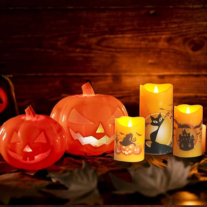 CANDLE CHOICE Orange Halloween Flameless Candles with Remote and Timer Real Wax Realistic Flickering Fake Electric Battery Operated LED Pillars Halloween Theme Decals for Halloween Decorations 3 Pack