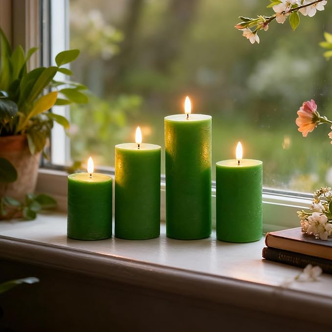 Green Flameless Candles, 4 Pack Battery Operated Candles for St. Patrick’s Day, Real Wax LED Fake Candles for Spring Decor Party Centerpiece Green