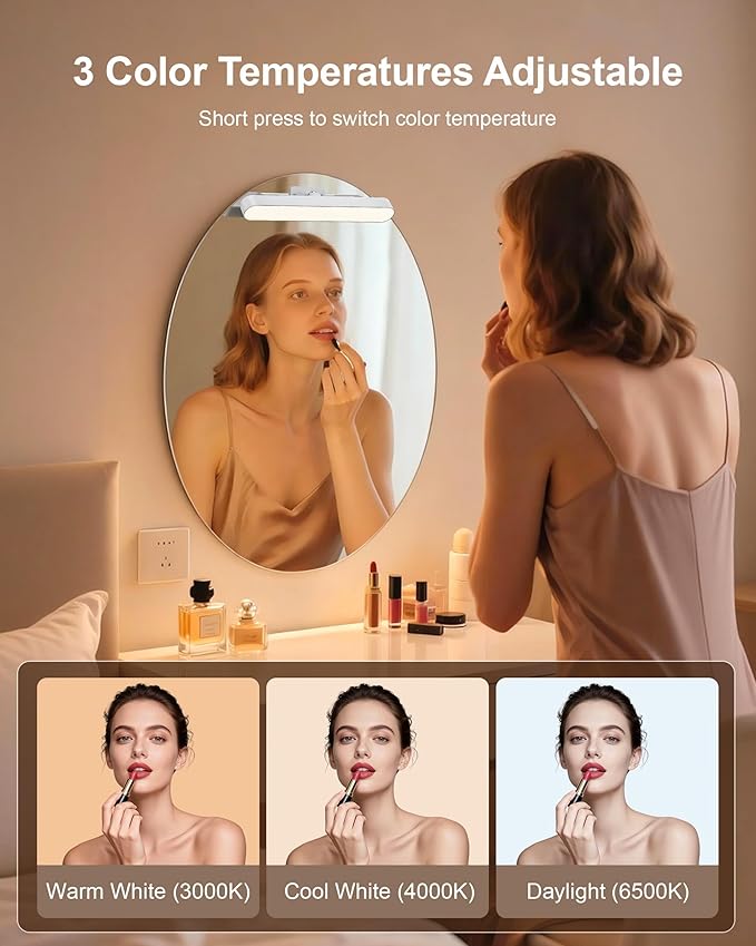 LED Vanity Lights for Mirror, White Wireless Makeup Mirror Lights with 4000mAh Battery, 3 Color Temperatures & Dimmable, Magnetic 360° Rotation, Stick On Design for Bathroom & Vanity