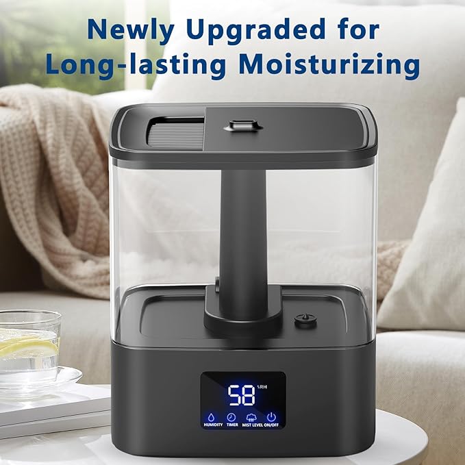 KZF 4L Top Fill Humidifiers for Bedroom & 60H Runtime - Cool Mist Humidifier, 3 Mist Levels, 8H Timer, Essential Oil Tray, Humidity Display, Quiet for Bedroom, Baby, Plants, Large Room (Black, 6L)
