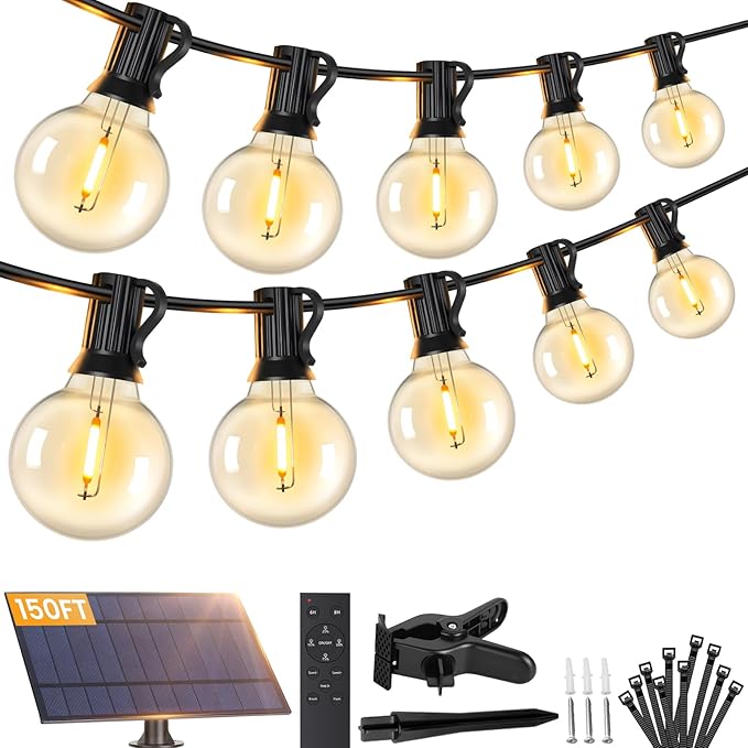 Brightever 150FT Solar String Lights Outdoor Waterproof, G40 Solar Lights with Remote and 55+2 LED Shatterproof Globe Bulbs, Dimmable&3 Lighting Modes, Solar Power Patio Lights for Backyard, Garden