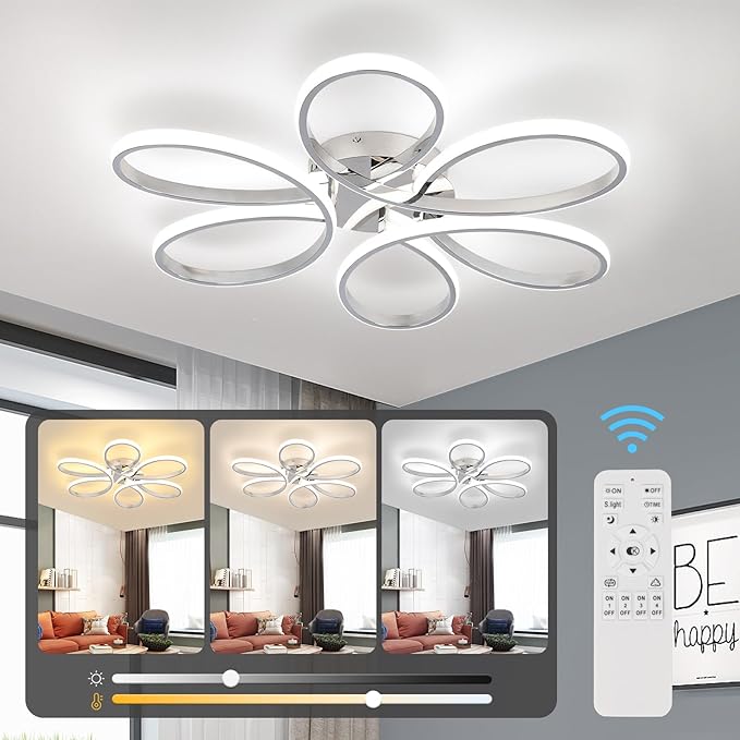 26inch Modern LED Ceiling Light, 6 Rings Flower Flush Mount Light Fixture with Remote Control Chrome Dimmable Ceiling Lamp for Living Room, Bedroom, Dining Room, Hallway, Kitchen