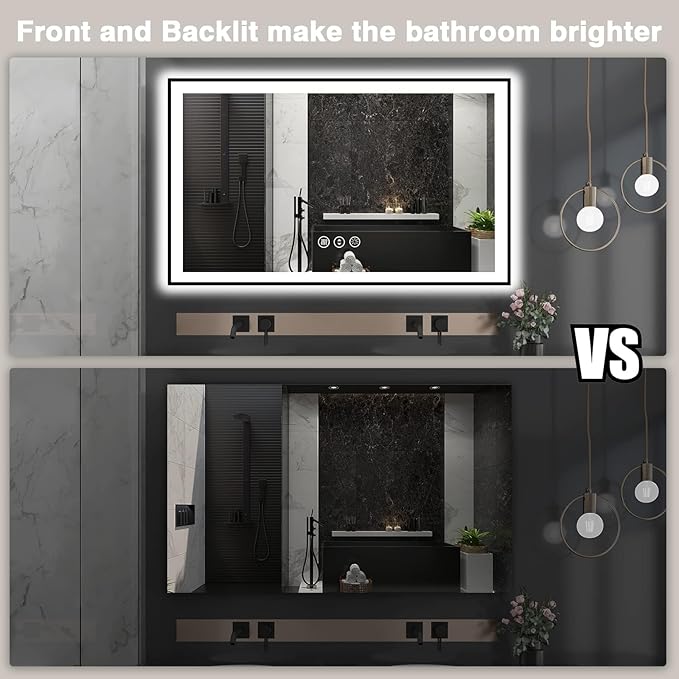 60x36 LED Mirror for Bathroom - Black Aluminum Framed (Front and Backlit),Anti-Fog Stepless 3 Colors Dimmable Lighted Smart Bathroom Mirror with Lights(Horizontal/Vertical)