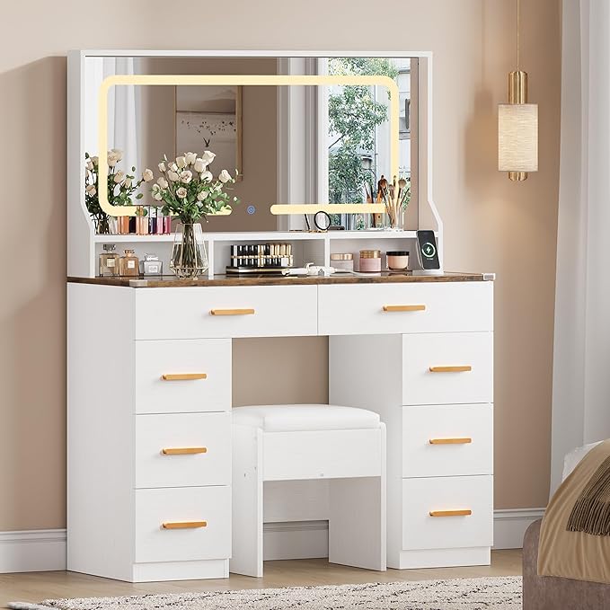 IDEALHOUSE Vanity Desk with Mirror and Lights, Makeup Table with Glass Top & 8 Drawers, 3-Color LED Mirror, Power Outlets & USB, Hair Dryer Holder, Stool Included, Dressing Table Set for Bedroom