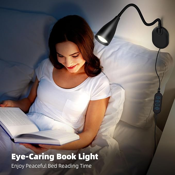 Wall-Mounted LED Bedside Reading Light with USB Charging Port, 10-Level Dimmable & Adjustable 5 Color, Plug-in Adhesive Night Lamp for Books in Bed, Eye-Caring Bedroom Lighting (Black)