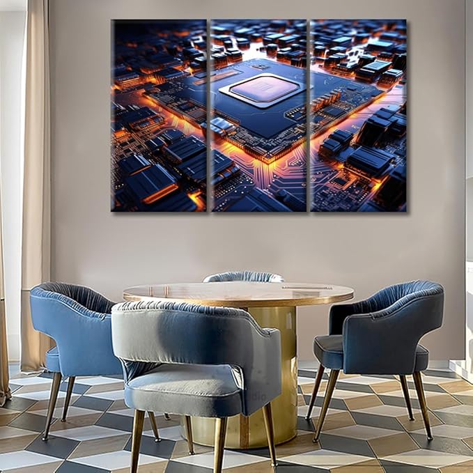Circuit Board Pictures 3 Panels Wall Decor for Bedroom Canvas Prints 3D Technology Motherboard Posters & Prints Prints for Wall Decor Stretched and Framed Ready to Hang 60"Wx40"H