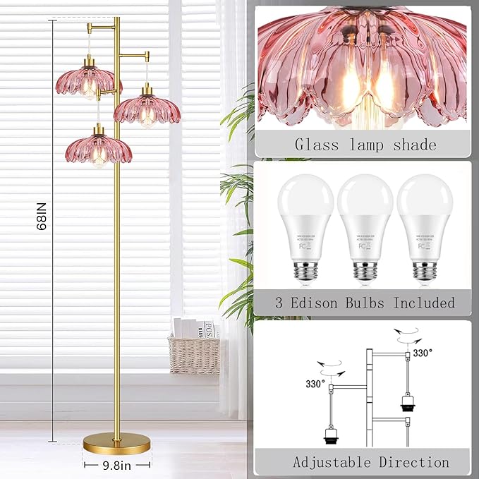 Pink Floor Lamp for Living Room,Bedroom,Gold Mid Century Modern Standing Lamp Brass Tree 3 Light Tall Floor Lamps Vintage Retro Floor Lights Glass Flower Lamp Shade Farmhouse Boho Bohemian