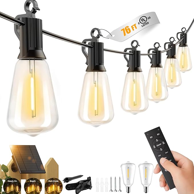 Brightown 76FT Solar String Lights Outdoor Waterproof with Remote, 23+1 LED Shatterproof Bulbs, Dimmable & Timable, 3 Light Modes - Commercial Grade Patio Lights for Garden Backyard Party Decor