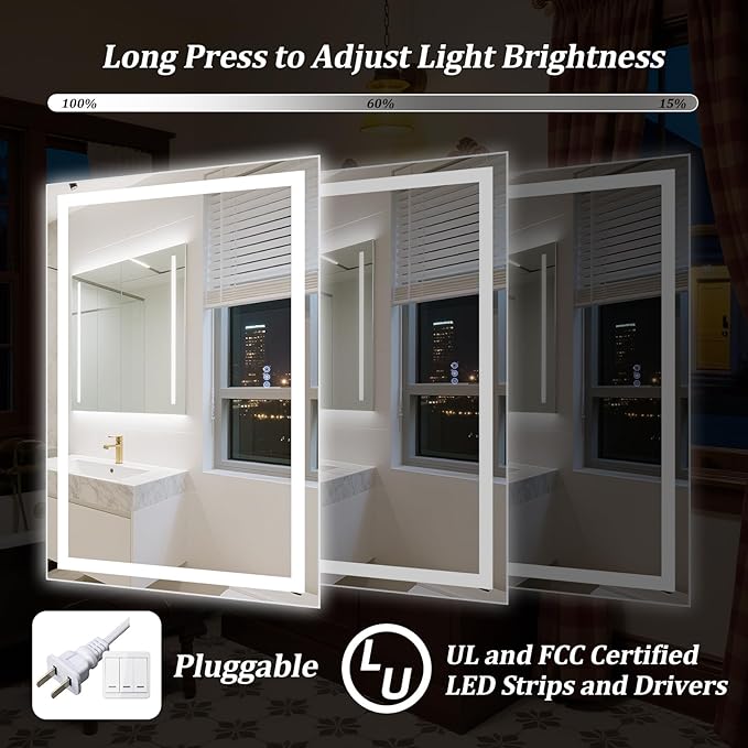 30"x22" Smart LED Bathroom Mirror - Dimmable Brightness, Backlit & Frontlit Lighting, 3 Color Modes, Anti-Fog, Memory Function, Wall Mounted Lighted Vanity Makeup Mirror