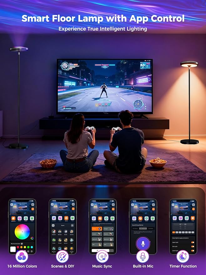 Smart Floor Lamp for Living Room, 66.8" RGB+WW Ripple Projector Floor Lamp, 3-in-1 LED Corner Lamp with RGB+IC Side Light & RA90 Reading Light, Dimmable Mood Light with App Control for Bedroom