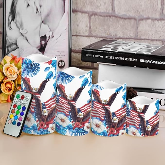 USA Flag Flameless Candles Bald Eagle Tropical Flowers Flameless Candle with Remote Timers for Lights Patriotic Independence Day Lamp for Home Dinner Table Garden Tea Party, 4 Pack