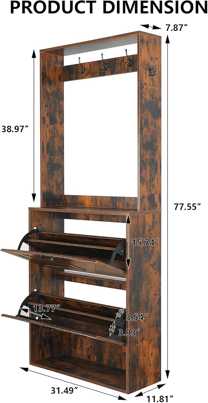 Betoko Hall Tree with Shoes Storage,Farmhouse Corner Coat Rack with 5 Coat Hooks, Wooden Entryway Tree Cabinet with 2 Shoes Cabinets for Hallway Mudroom, Brown