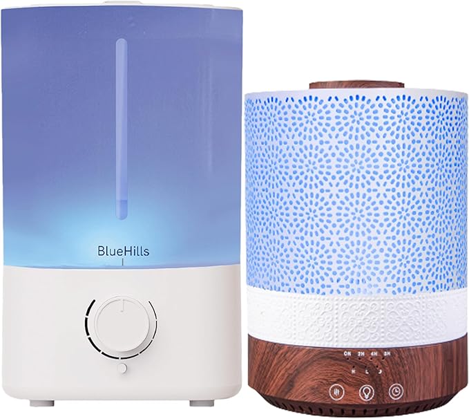 BlueHills Premium Set of Two Large 5000 ML XL and 2500 ML Essential Oil Diffusers Humidifier Combo for Large Room Home with Décor LED Lights Great Gift – Value Pack of White and Dark Wood Grain