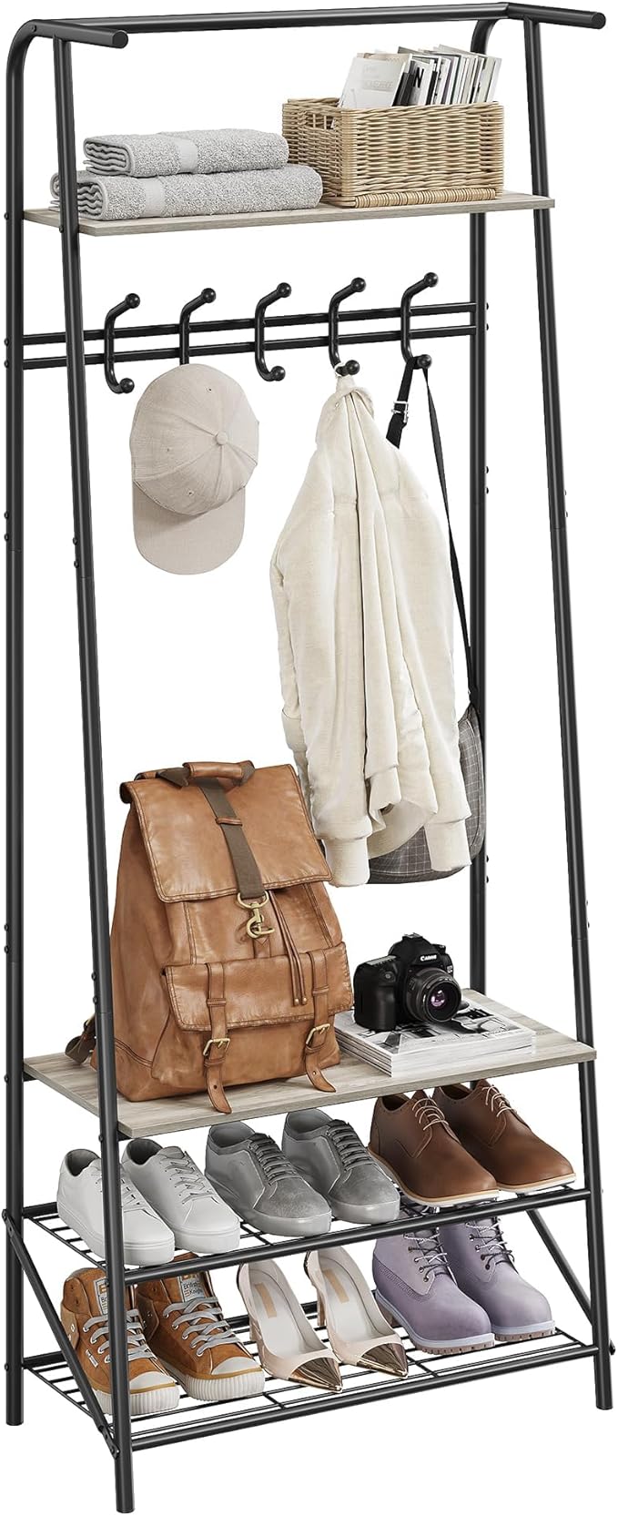 Jojoka 25" Coat Rack, Hall Tree with Shoe Bench and Storage, 4-Tier Shelf with 5 Hooks, Freestanding Metal Entryway Organizer for Hallway, Accent Furniture for Bathroom