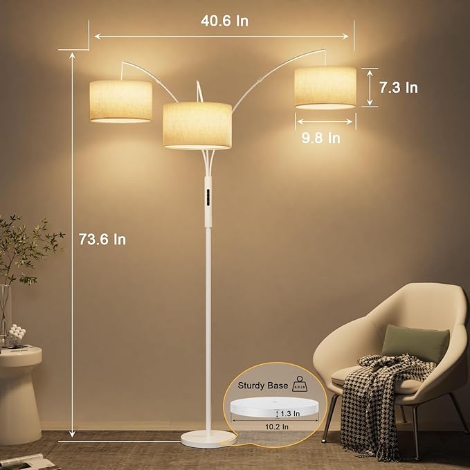 36W Dimmable Floor Lamp - 3 Lights Arc Floor Lamps Standing Lamp with Remote & Touch Control, Tall Lamp for Living Room Corner, Bedroom, Office