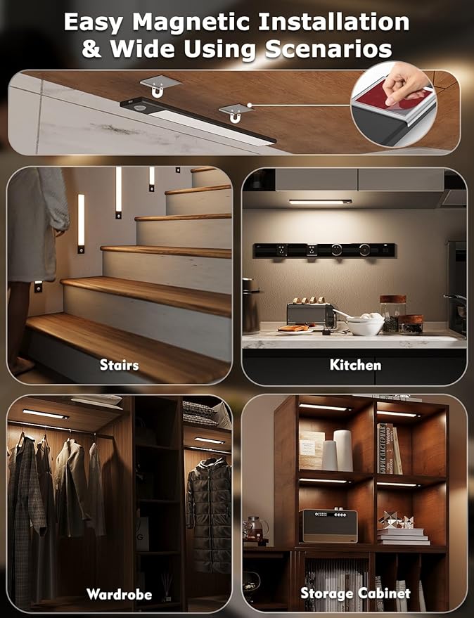 12" Ultra-Thin Under Cabinet Lighting Cordless, Aluminum Alloy Under Counter Lights for Kitchen, 3-Color-Temps Magnetic Closet Lights, Rechargeable Motion Sensor Light Indoor (6 Pack, Black)