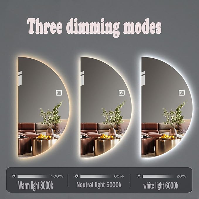 Half Moon LED Mirror for Bathroom,3-Color Dimmable Smart Vanity Mirror, Frameless Backlit Anti-Fog Half Moon Mirrors for Wall(Left Semicircle, 16 * 31in/40 * 80cm)