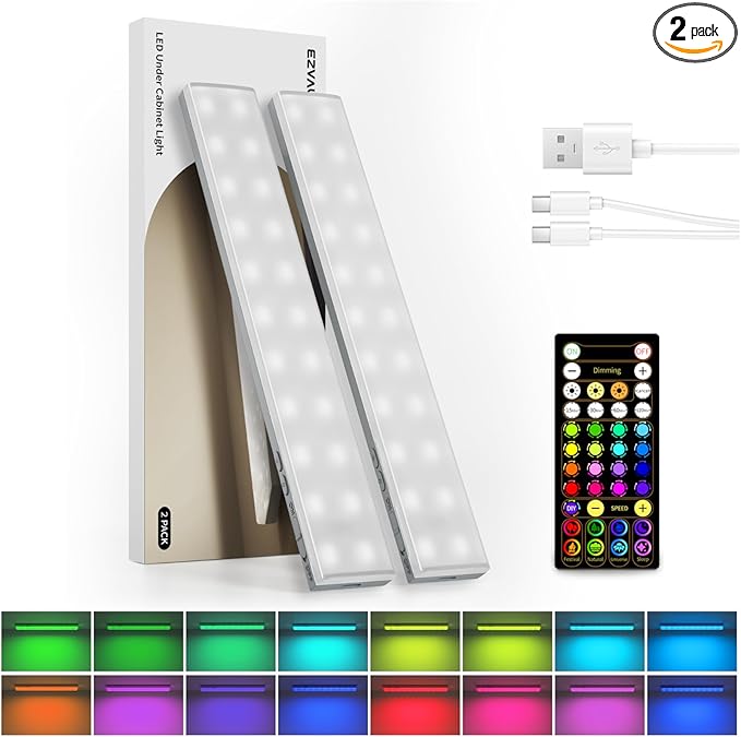 EZVALO 1800mAh Rechargeable Under Cabinet Lighting, Wireless, Magnetic Battery Operated Light Bars, 80 Color Changing, Under-Counter Light Fixtures with Remote for Kitchen, Shelves, Home Bar, 2Pack