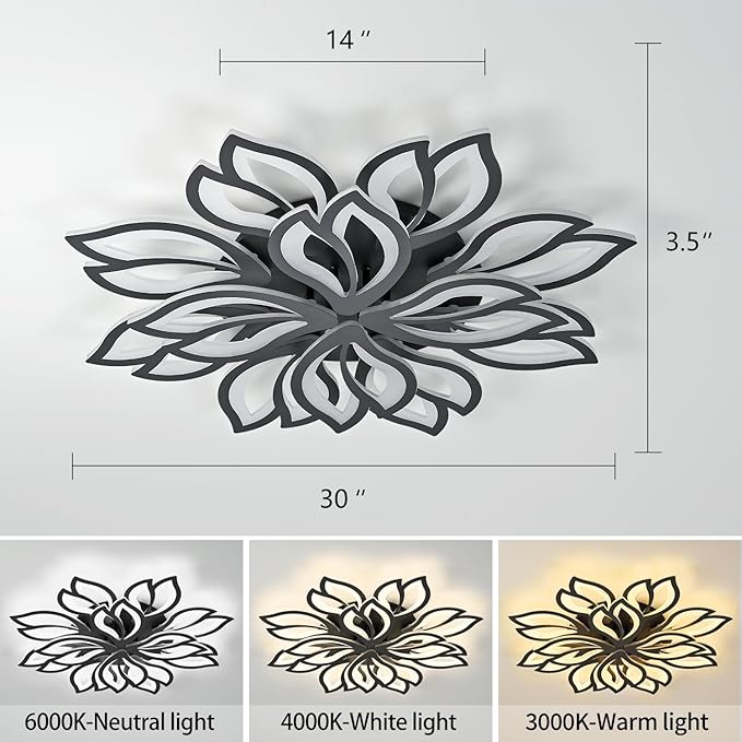 HuixuTe Modern Black Flower Ceiling Light Fixture, 30 Inch Dimmable Flush Mount with 12 Leaves, Low Profile for Living Room, Dining Room, Bedroom