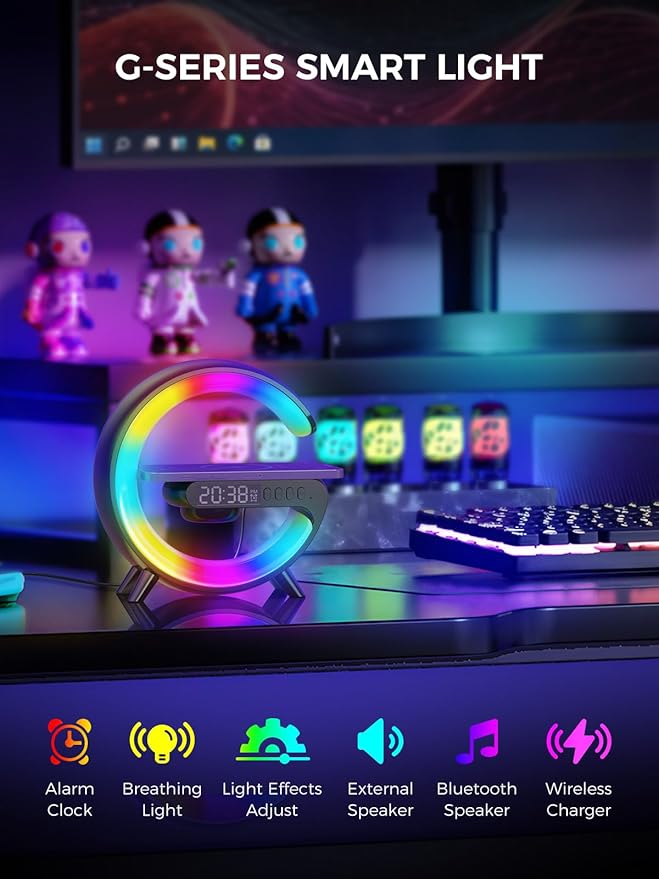 Smiling Shark Wake Up Light, Atmosphere Desk Light with 15W Wireless Charger & Bluetooth Speaker Button Control 10 Lights Mode Sunrise Simulation Alarm Clock Smart Light for Home Decor Bedroom