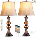 Set of 2 Touch Control Traditional Table Lamp, 27"H Bedside Lamps with 2 USB Charging Ports, 3-Way Dimmable Bronze Finish Large Nightstand Lamps with Bell Faux Silk Shade for Living Room, Bedroom