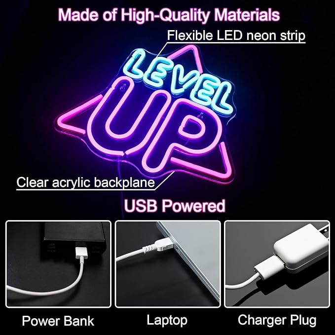 LEVEL UP LED Neon Sign for Wall Decor USB Adjustable Brightness Living Room Bars Barbers Pub Wedding Party Salon Club Gatherings Gaming Room Man Cave Halloween Christmas Birthday Art Wall Decor