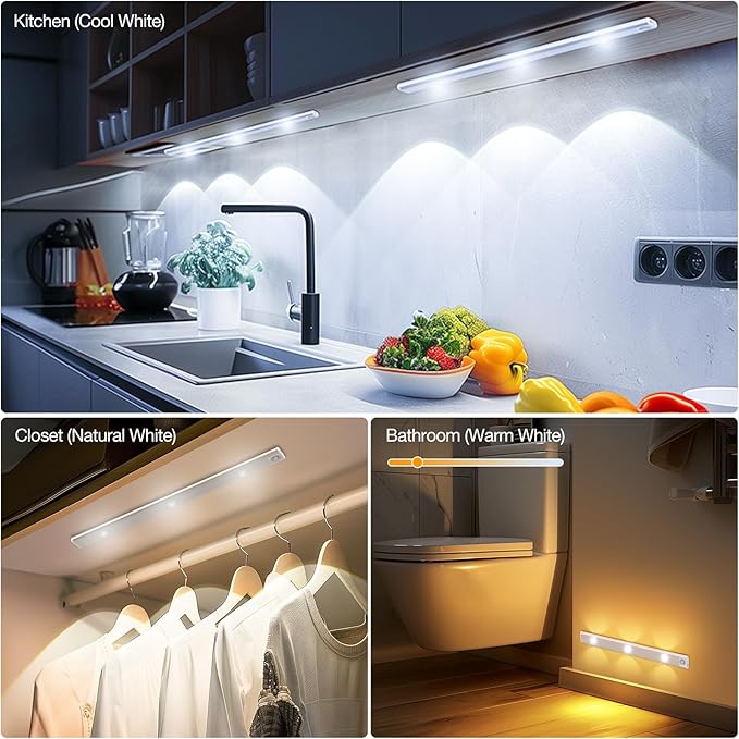 Under Cabinet Light Rechargeable, CT CAPETRONIX Dimable Closet Lights Wireless with 3 Color Temperatures 3 Modes, Battery Operated Under Counter Lights for Kitchen Motion Sensor Light Indoor,17.7 inch