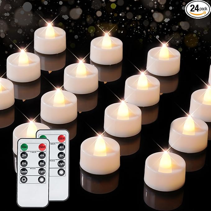 BEICHI Remote Candles, 24 Pack Timer Candle, Flameless Tea Lights Candle Battery Operated, Flickering LED Tea Lights, Timer Battery Votive Candles- Warm White- White Base