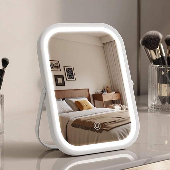 Vanity Mirror with Lights, 8"×6" LED Makeup Mirror Built-in 1500mAH Lithium Battery, Smart Touch with 3-Color Lighting, Dimmable, Lighted Up for Makeup Desk, Travel (White)