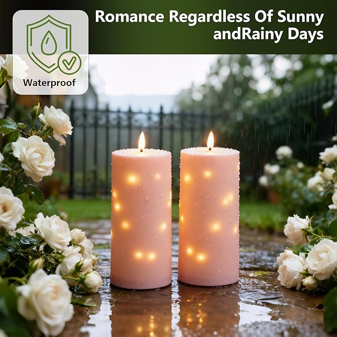 10" x 4" Large Outdoor Waterproof Flickering Flameless Candles with Timer,2Pcs Battery Operated LED Pillar Candles with Embedded Star String for Outdoor Lanterns,Porch,Patio Decor(Pink)