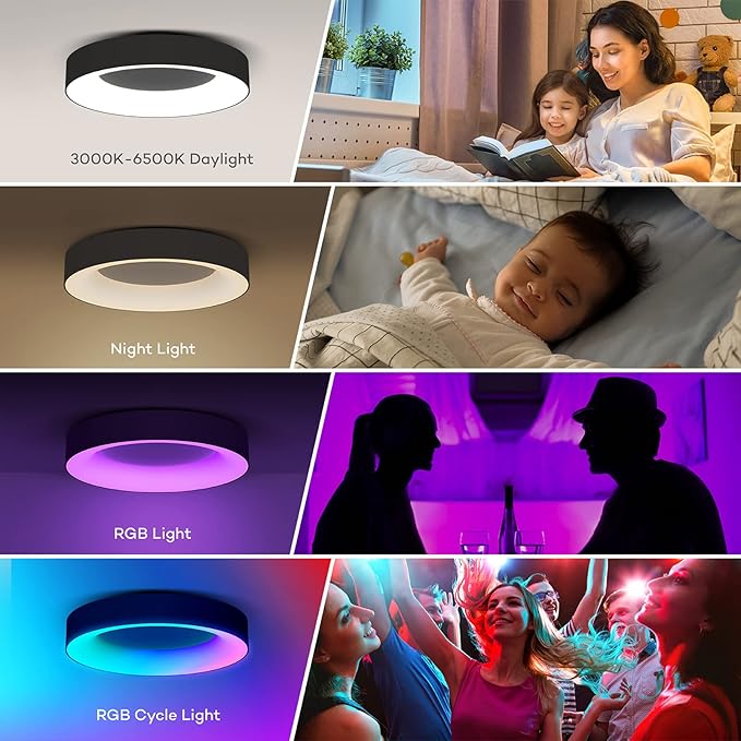 RGB Led Flush Mount Ceiling Light with Remote Control, 11 Inch 24W Black Ceiling Light Fixture, 3000K-6500K Light Color Changeable, Modern Ceiling Lights for Bedroom Kids Room