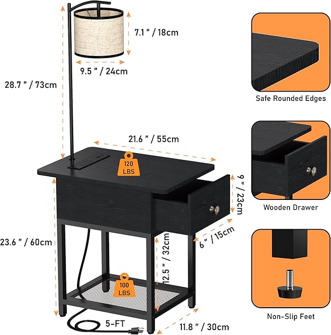 Floor Lamp with Table, Side Table with LED Light and Charging Station, Narrow End Table with Lamp Attached, Nightstand with Storage Drawer for Living Room, Bedroom, Black