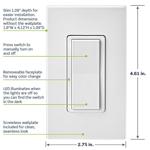 Leviton Decora Smart Switch, Wi-Fi, Works with Matter, Alexa, Google Assistant, Apple Home/Siri & Wired or Wirefree 3-Way, Neutral Wire Required, D315S-1RW, White