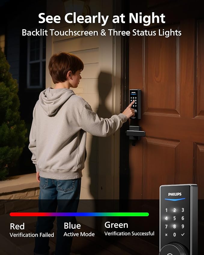 Philips Built-in WiFi Smart Lock, Keyless Entry Door Lock with App, Touchscreen, Fingerprint Door Lock — Compatible with Alexa & Google, Splash-Proof Design, Includes 8 Batteries, Black