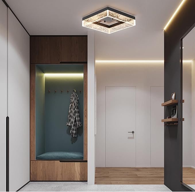 Qcyuui LED Flush Mount Ceiling Light, 11.81in 20W Modern Ceiling Light with Clear Bubble Acrylic,Square LED Ceiling Lamp for Kitchen Hallway Closet Living Room Bedroom, Black, 3000K Dimmable