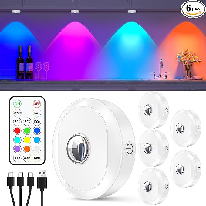 WILLED RGB Rechargeable Puck Lights with Remote Control, Under Cabinet Lighting Wireless, Dimmable Push Lights, Multicolor and Timing Function, LED Puck Lights for Kitchen, Cabinet and Shelf(6 Pack)
